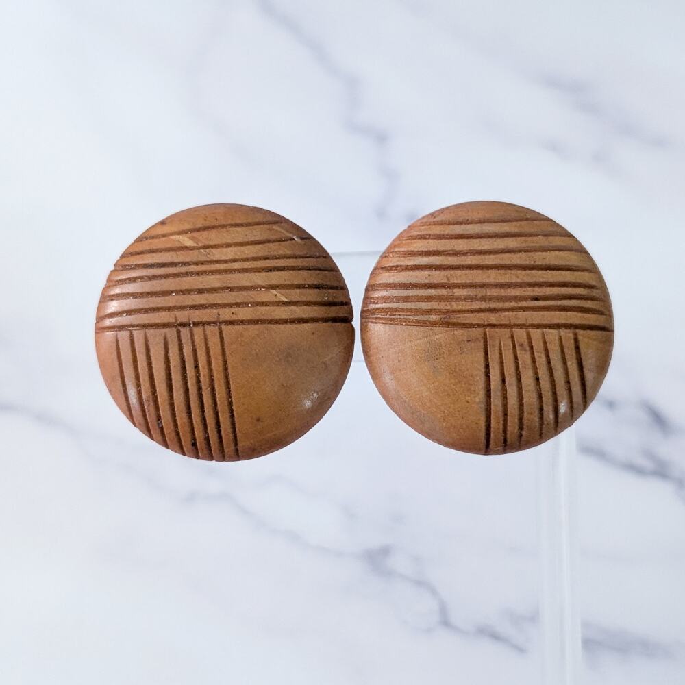 Vintage Clip On Earrings 1 & 3/8" Large Wooden? With Design
